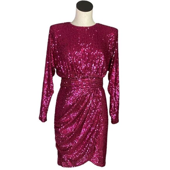 Eliza J Cocktail Dress Size 6 Pink Sequined Long Sleeve Draped Shoulder Pads NWT - Picture 1 of 11